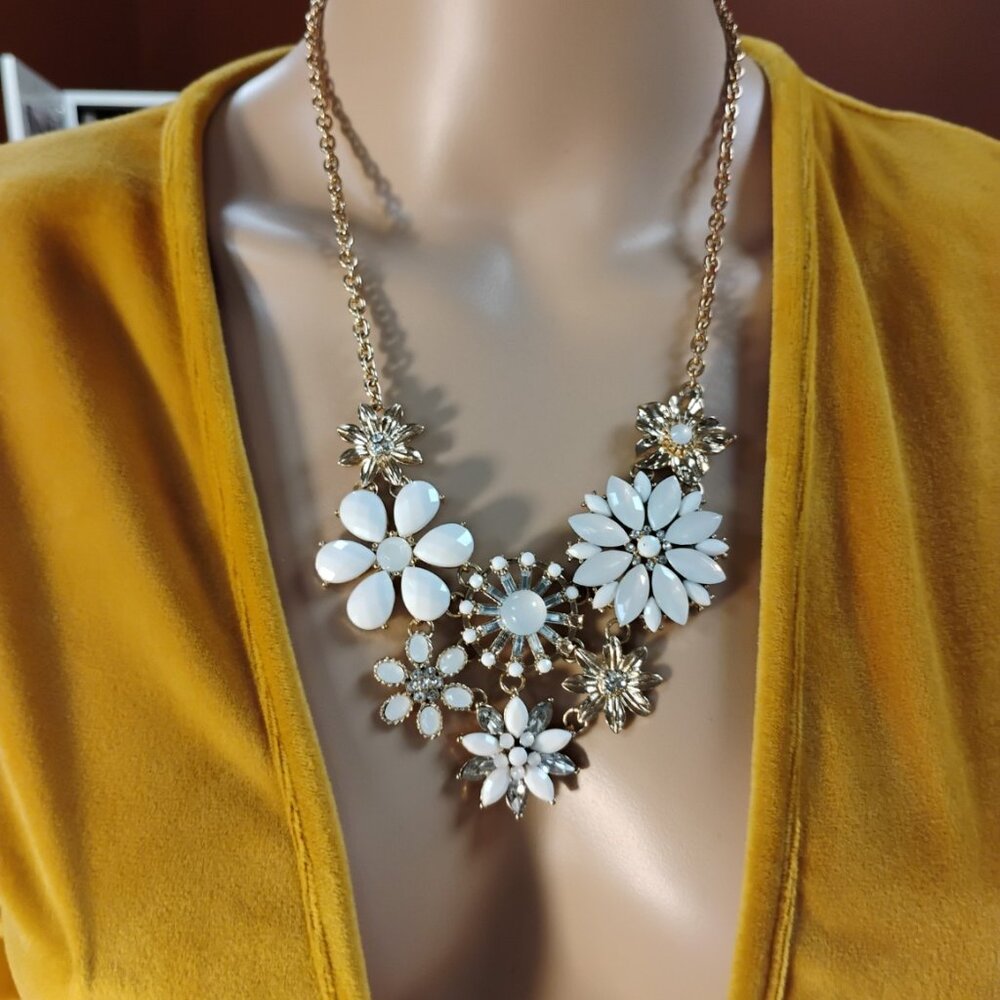 Gold Tone Floral Statement Necklace | White Stone Cluster | Elegant Boutique